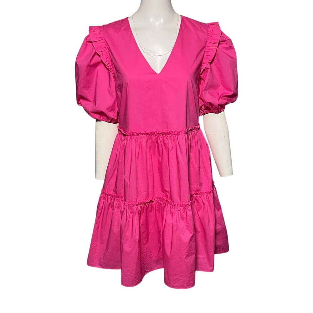 Tuckernuck Hyacinth House Pascale Mini Dress Pink Puff Sleeve Tiered Large - Picture 2 of 8